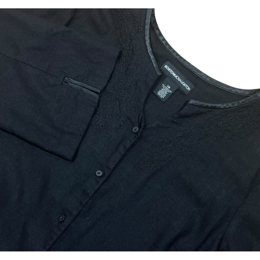 Norton Mcnaughton Linen Blend Blouse Womens 18‎ Black Floral Stitching Lagenlook